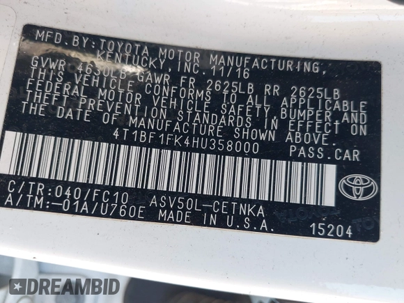 2017 Toyota Camry XLE z VIN 4T1BF1FK4HU358000, wystawiony jako IAAI lot #41692344 z przebiegiem Nie podano mil oraz . Historia ofert i sprzedaży dostępna na DreamBid. Obrazek 9.