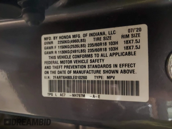 2020 Honda CR-V EX-L with VIN 7FART6H80LE010260, listed as a IAAI auction lot 41153766 with 180,603 mi miles and . Bid and sale history available at DreamBid. Image 9.