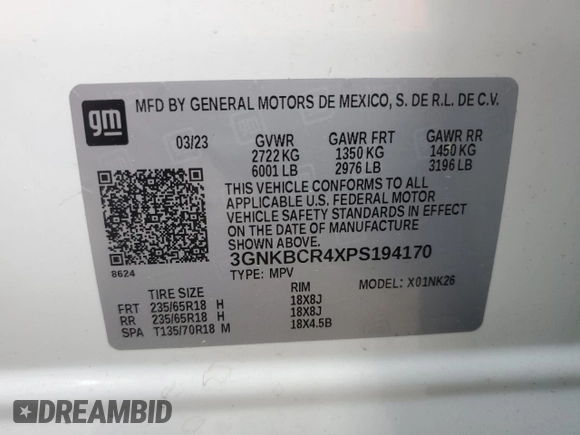 2023 Chevrolet Blazer LT z VIN 3GNKBCR4XPS194170, wystawiony jako Copart lot #54241085 z przebiegiem 40 403 mil mil oraz Nie do naprawy • Non repairable. Historia ofert i sprzedaży dostępna na DreamBid. Obrazek 14.
