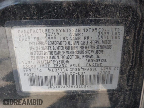 2017 Nissan Sentra SR z VIN 3N1AB7AP2HY310075, wystawiony jako IAAI lot #42414515 z przebiegiem Nie podano mil oraz . Historia ofert i sprzedaży dostępna na DreamBid. Obrazek 9.