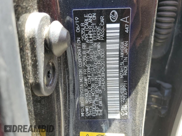 2019 Lexus UX 250h with VIN JTHU9JBH2K2013001, listed as a Copart auction lot 59142205 with 104,917 mi miles and Salvage title. Bid and sale history available at DreamBid. Image 13.