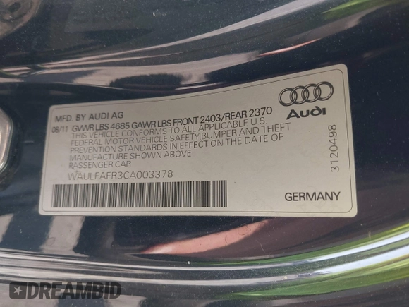 2012 Audi A5 Premium Plus with VIN WAULFAFR3CA003378, listed as a IAAI auction lot 42063495 with 134,258 mi miles and . Bid and sale history available at DreamBid. Image 9.