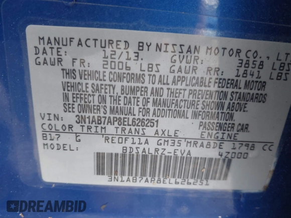 2014 Nissan Sentra SR z VIN 3N1AB7AP8EL626251, wystawiony jako IAAI lot #42319434 z przebiegiem 94 129 mil mil oraz . Historia ofert i sprzedaży dostępna na DreamBid. Obrazek 9.