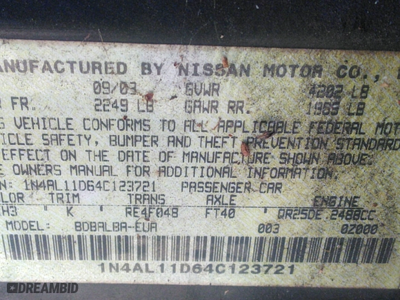 2004 Nissan Altima S with VIN 1N4AL11D64C123721, listed as a IAAI auction lot 40568351 with 219,388 mi miles. Bid and sale history available at carsss.com. Image 9.