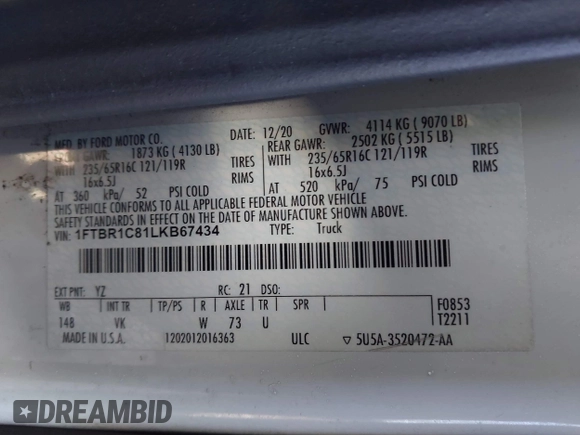 2020 Ford Transit Cargo with VIN 1FTBR1C81LKB67434, listed as a IAAI auction lot 41418986 with 133,456 mi miles. Bid and sale history available at carsss.com. Image 9.