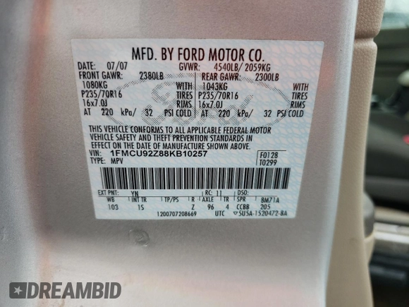 2008 Ford Escape XLS с VIN 1FMCU92Z88KB10257, выставлен на аукционе Copart как лот 56427925 с пробегом 117 042 миль миль и Чистый • Clean title. История ставок и продаж доступна на DreamBid. Изображение 12.