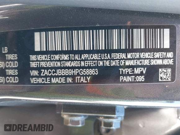 2017 Jeep Renegade Latitude with VIN ZACCJBBB9HPG58863, listed as a IAAI auction lot 41229109 with 112,865 mi miles and . Bid and sale history available at DreamBid. Image 9.