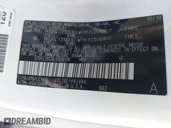 2020 Toyota Sienna XLE Auto Access Seat with VIN 5TDYZ3DCXLS029196, listed as a IAAI auction lot 41569611 with 50,319 mi miles and . Bid and sale history available at DreamBid. Image 9.