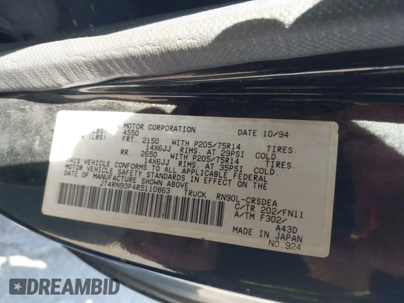 1994 Toyota Pickup DX with VIN JT4RN93P4R5110863, listed as a IAAI auction lot 42235081 with 217,506 mi miles and . Bid and sale history available at DreamBid. Image 9.