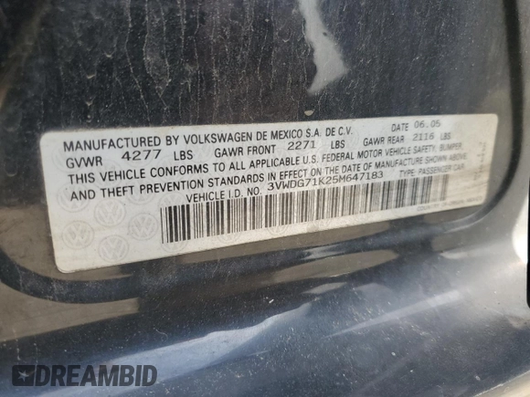 2005 Volkswagen Jetta 2.5L with VIN 3VWDG71K25M647183, listed as a Copart auction lot 62743695 with 215,241 mi miles and Salvage title. Bid and sale history available at DreamBid. Image 12.