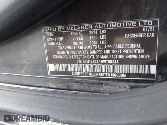 2021 McLaren 765LT z VIN SBM14RCA3MW765344, wystawiony jako IAAI lot #40934179 z przebiegiem 10 900 mil mil oraz . Historia ofert i sprzedaży dostępna na DreamBid. Obrazek 9.