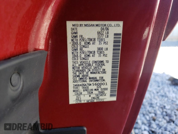 2006 Nissan Titan SE z VIN 1N6BA06A76N560001, wystawiony jako Copart lot #48565925 z przebiegiem 154 696 mil mil oraz Szkoda całkowita • Salvage title. Historia ofert i sprzedaży dostępna na DreamBid. Obrazek 13.