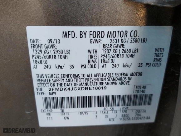 2013 Ford Edge SEL with VIN 2FMDK4JCXDBE18819, listed as a Copart auction lot 48616425 with 222,205 mi miles and Salvage Title. Bid and sale history available at carsss.com. Image 13.