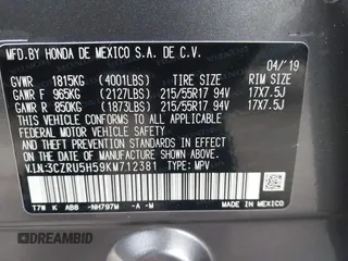 2019 Honda HR-V EX with VIN 3CZRU5H59KM712381, listed as a IAAI auction lot 41883972 with 39,260 mi miles. Bid and sale history available at carsss.com. Image 9.