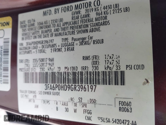 2016 Ford Fusion SE with VIN 3FA6P0HD9GR396197, listed as a IAAI auction lot 41725158 with 102,174 mi miles and . Bid and sale history available at DreamBid. Image 9.