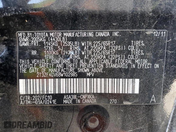 2011 Toyota RAV4 with VIN 2T3ZF4DV6BW102985, listed as a Copart auction lot 46379455 with 103,398 mi miles and Salvage Title. Bid and sale history available at carsss.com. Image 15.