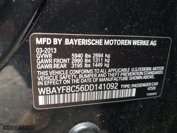 2013 BMW 7 Series 750Li xDrive with VIN WBAYF8C56DD141092, listed as a Copart auction lot 46121145 with 175,525 mi miles and Clean Title. Bid and sale history available at carsss.com. Image 12.