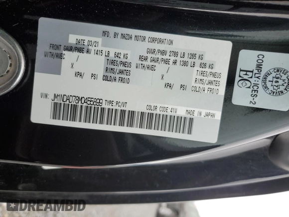 2021 Mazda MX-5 Miata Grand Touring with VIN JM1NDAD78M0455899, listed as a Copart auction lot 57347125 with 38,405 mi miles and Salvage title. Bid and sale history available at DreamBid. Image 13.