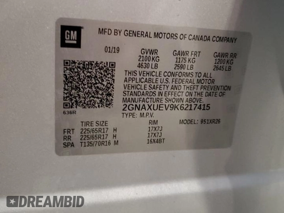 2019 Chevrolet Equinox LT z VIN 2GNAXUEV9K6217415, wystawiony jako Copart lot #55616405 z przebiegiem 61 149 mil mil oraz Szkoda całkowita • Salvage title. Historia ofert i sprzedaży dostępna na DreamBid. Obrazek 13.