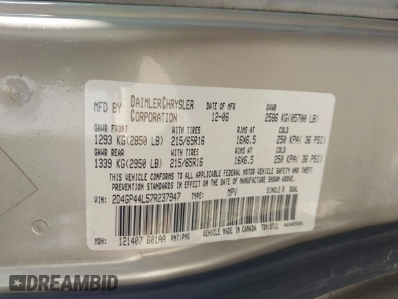 2007 Dodge Grand Caravan SXT with VIN 2D4GP44L57R237947, listed as a IAAI auction lot 42096794 with 257,714 mi miles and . Bid and sale history available at DreamBid. Image 9.
