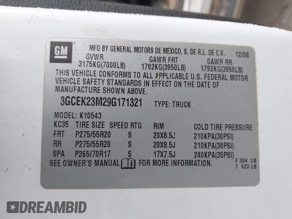 2009 Chevrolet Silverado 1500 LT with VIN 3GCEK23M29G171321, listed as a IAAI auction lot 41626086 with 302,921 mi miles and . Bid and sale history available at DreamBid. Image 9.