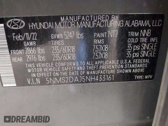 2022 Hyundai Santa Fe SEL with VIN 5NMS2DAJ5NH433161, listed as a IAAI auction lot 40953138 with 85,992 mi miles. Bid and sale history available at carsss.com. Image 9.