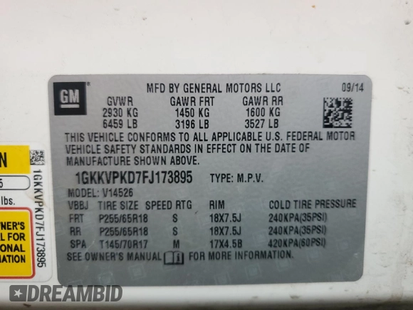 2015 GMC Acadia SLE with VIN 1GKKVPKD7FJ173895, listed as a Copart auction lot 54146555 with 155,845 mi miles and Salvage title. Bid and sale history available at DreamBid. Image 13.