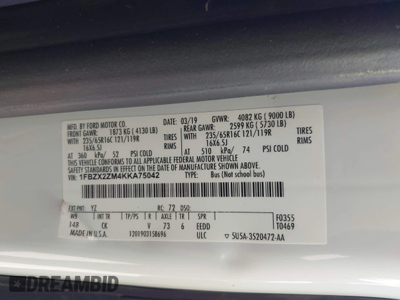 2019 Ford Transit Passenger XL with VIN 1FBZX2ZM4KKA75042, listed as a IAAI auction lot 42786079 with 229,926 mi miles and . Bid and sale history available at DreamBid. Image 9.