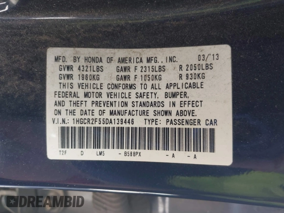 2013 Honda Accord Sport with VIN 1HGCR2F55DA139446, listed as a IAAI auction lot 41991636 with 178,272 mi miles and . Bid and sale history available at DreamBid. Image 9.