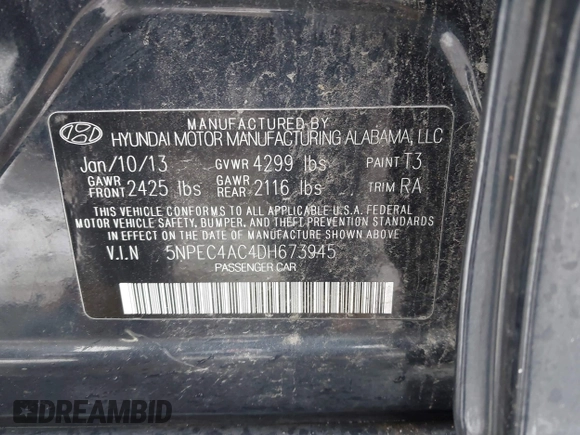 2013 Hyundai Sonata SE z VIN 5NPEC4AC4DH673945, wystawiony jako IAAI lot #41522632 z przebiegiem 109 883 mil mil oraz . Historia ofert i sprzedaży dostępna na DreamBid. Obrazek 9.