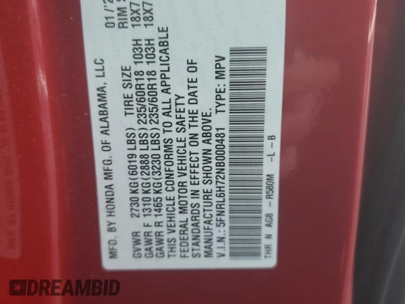 2022 Honda Odyssey EX-L with VIN 5FNRL6H72NB000481, listed as a Copart auction lot 43406015 with 43,353 mi miles and Salvage Title. Bid and sale history available at DreamBid. Image 13.