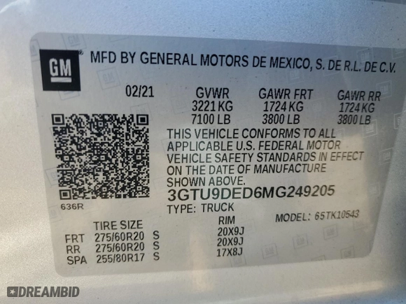 2021 GMC Sierra 1500 SLT with VIN 3GTU9DED6MG249205, listed as a Copart auction lot 43583845 with 33,053 mi miles and Salvage Title. Bid and sale history available at carsss.com. Image 14.