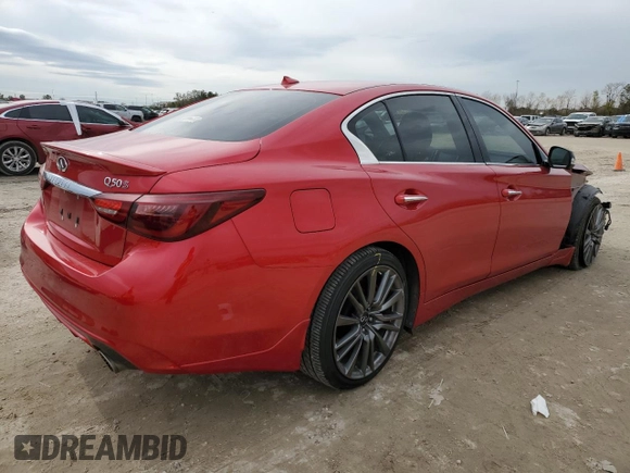 2020 Infiniti Q50 Red Sport 400 with VIN JN1FV7AP4LM630619, listed as a Copart auction lot 89322685 with 49,573 mi miles and Salvage title. Bid and sale history available at DreamBid. Image 3.