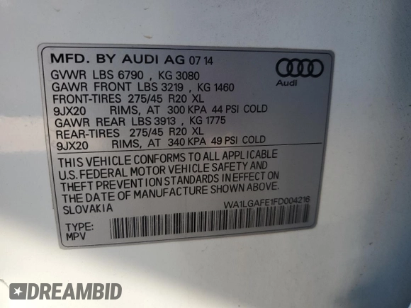 2015 Audi Q7 3.0T Premium Plus with VIN WA1LGAFE1FD004216, listed as a Copart auction lot 49417375 with 140,851 mi miles and Salvage Title. Bid and sale history available at carsss.com. Image 13.