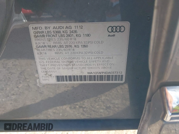 2013 Audi Q5 Premium with VIN WA1CFAFP4DA037312, listed as a IAAI auction lot 41432566 with 122,690 mi miles and . Bid and sale history available at DreamBid. Image 9.