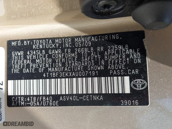 2010 Toyota Camry with VIN 4T1BF3EKXAU007191, listed as a IAAI auction lot 42112547 with 170,988 mi miles. Bid and sale history available at carsss.com. Image 9.