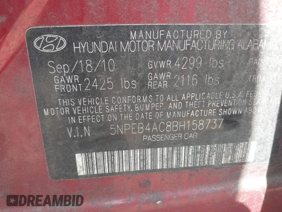 2011 Hyundai Sonata GLS with VIN 5NPEB4AC8BH158737, listed as a IAAI auction lot 42183929 with 221,589 mi miles. Bid and sale history available at carsss.com. Image 9.