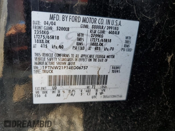 2004 Ford F-250 XL with VIN 1FTNW21P14ED06757, listed as a Copart auction lot 50412115 with 199,501 mi miles and Salvage title. Bid and sale history available at DreamBid. Image 14.