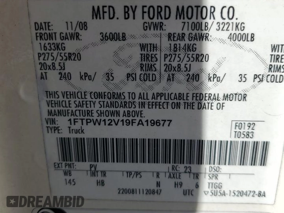 2009 Ford F-150 XL with VIN 1FTPW12V19FA19677, listed as a Copart auction lot 47071645 with 131,450 mi miles and Salvage Title. Bid and sale history available at carsss.com. Image 12.