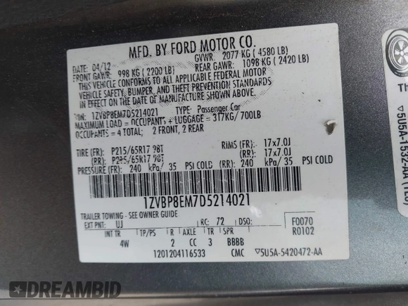 2013 Ford Mustang V6 with VIN 1ZVBP8EM7D5214021, listed as a IAAI auction lot 42197070 with 137,888 mi miles and . Bid and sale history available at DreamBid. Image 9.