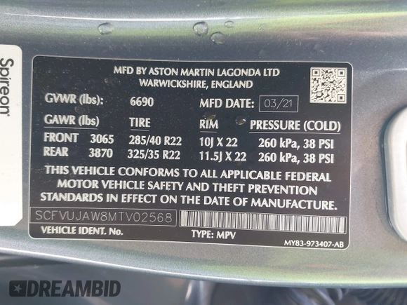 2021 Aston Martin DBX z VIN SCFVUJAW8MTV02568, wystawiony jako IAAI lot #42183964 z przebiegiem 53 608 mil mil oraz . Historia ofert i sprzedaży dostępna na DreamBid. Obrazek 9.