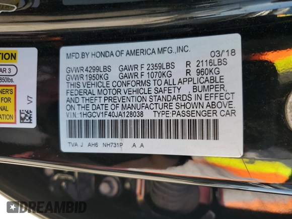 2018 Honda Accord EX with VIN 1HGCV1F40JA128038, listed as a Copart auction lot 56335995 with 109,775 mi miles and Salvage title. Bid and sale history available at DreamBid. Image 12.