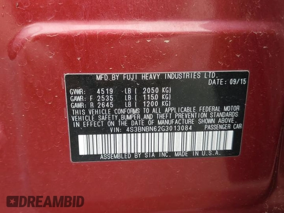 2016 Subaru Legacy Limited with VIN 4S3BNBN62G3013084, listed as a Copart auction lot 58071185 with 141,967 mi miles and Salvage title. Bid and sale history available at DreamBid. Image 12.