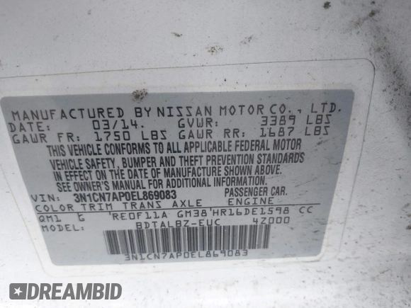 2014 Nissan Versa SV with VIN 3N1CN7AP0EL869083, listed as a IAAI auction lot 42044279 with 143,568 mi miles. Bid and sale history available at carsss.com. Image 9.