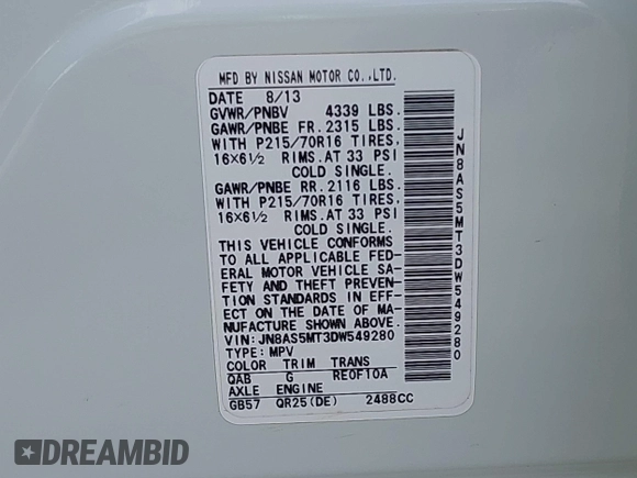 2013 Nissan Rogue S with VIN JN8AS5MT3DW549280, listed as a IAAI auction lot 41923318 with 145,264 mi miles and . Bid and sale history available at DreamBid. Image 9.