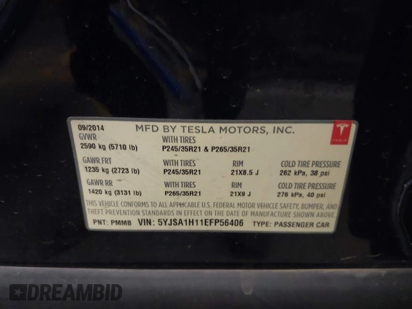 2014 Tesla Model S 60 with VIN 5YJSA1H11EFP56406, listed as a IAAI auction lot 42065157 with Not Provided miles and . Bid and sale history available at DreamBid. Image 9.
