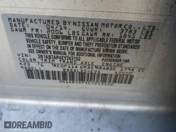 2014 Nissan Sentra S with VIN 3N1AB7AP4EY243152, listed as a Copart auction lot 55482895 with 143,998 mi miles and Salvage Title. Bid and sale history available at DreamBid. Image 13.