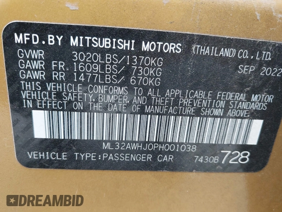 2023 Mitsubishi Mirage Black Edition с VIN ML32AWHJ0PH001038, выставлен на аукционе IAAI как лот 42364804 с пробегом 25 165 миль миль и . История ставок и продаж доступна на DreamBid. Изображение 9.