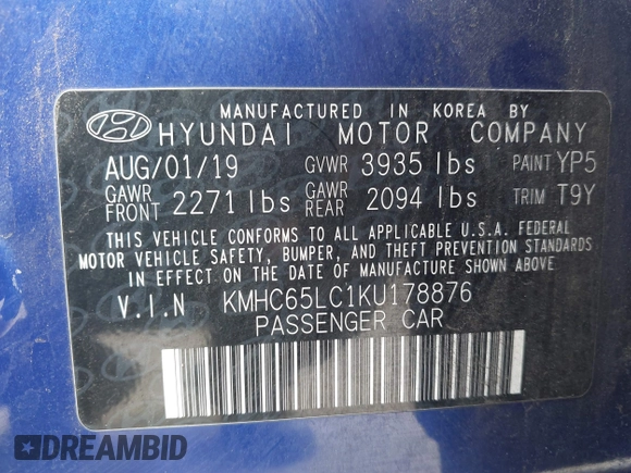 2019 Hyundai Ioniq Blue with VIN KMHC65LC1KU178876, listed as a IAAI auction lot 41718230 with 179,970 mi miles and . Bid and sale history available at DreamBid. Image 9.