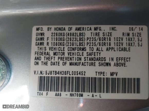 2015 Acura RDX with VIN 5J8TB4H36FL005452, listed as a IAAI auction lot 41742203 with 144,819 mi miles. Bid and sale history available at carsss.com. Image 9.